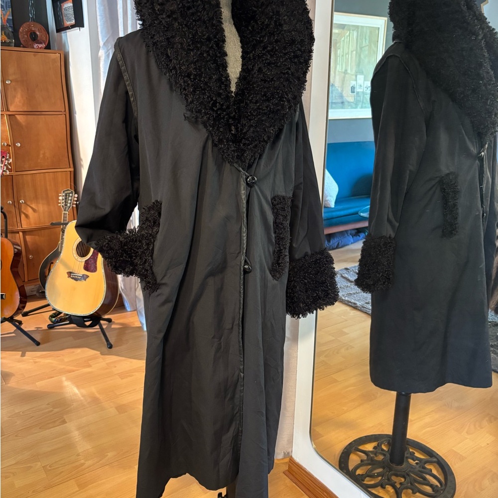 Vintage Danish Design by Junge, Black Women's Coat with Faux Fur Trim